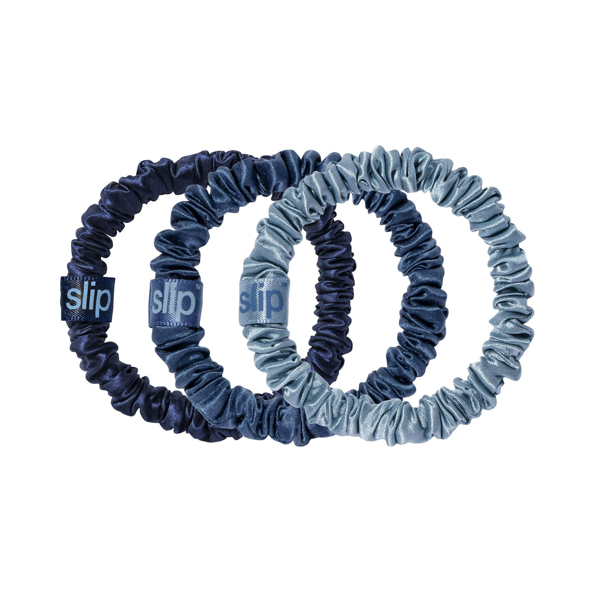 SLIP sapphire skinny scrunchies provide a gentle hold for delicate hair.
