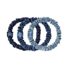 SLIP sapphire skinny scrunchies provide a gentle hold for delicate hair.