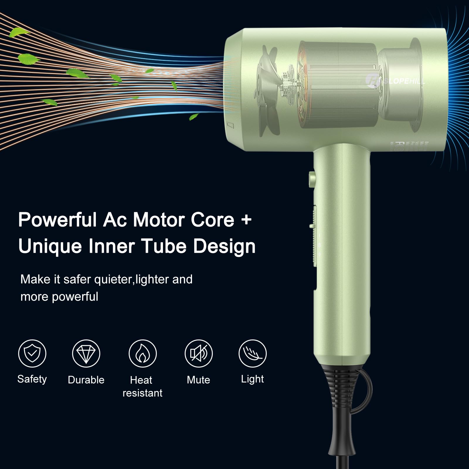 Slopehill hair dryer side view showing compact design