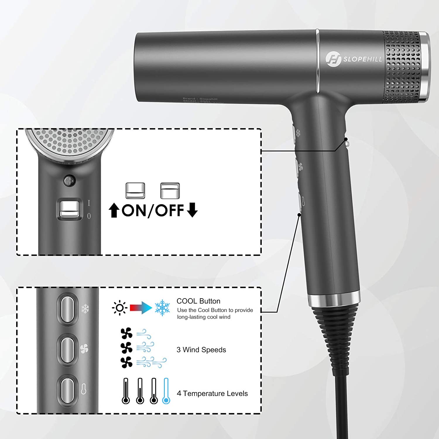 Slopehill hair dryer sinking-inlet design prevents hair from being sucked in.