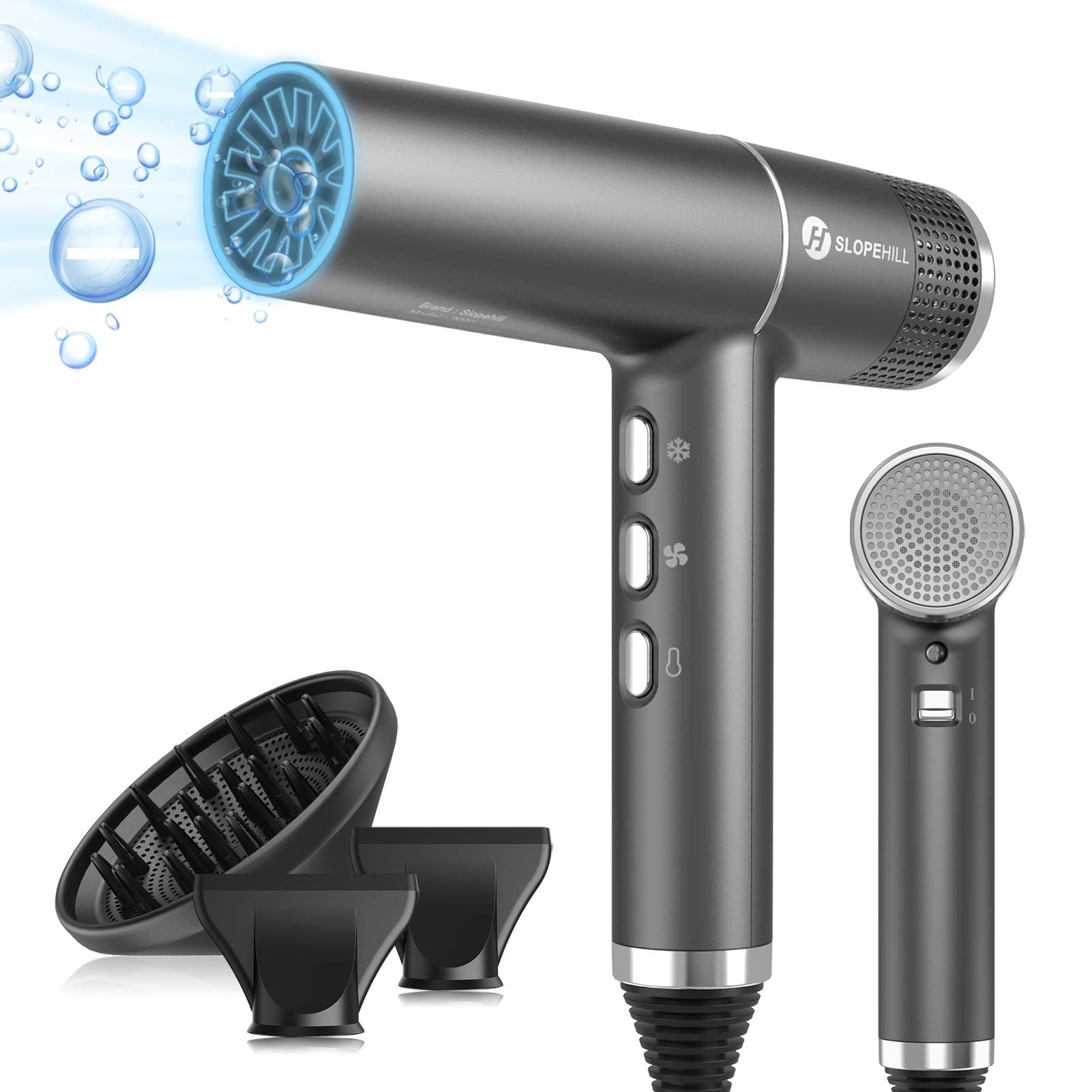 Slopehill hair dryer with unique brushless motor delivers fast, efficient drying.