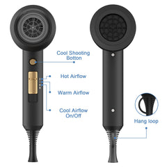 Slopehill dryer offers three heat settings for versatile at-home styling.