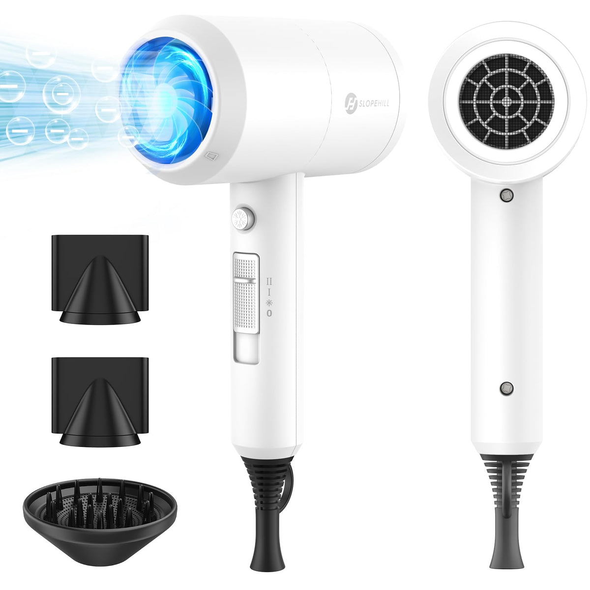 Slopehill Professional Ionic Hair Dryer front view with strong airflow for quick drying.