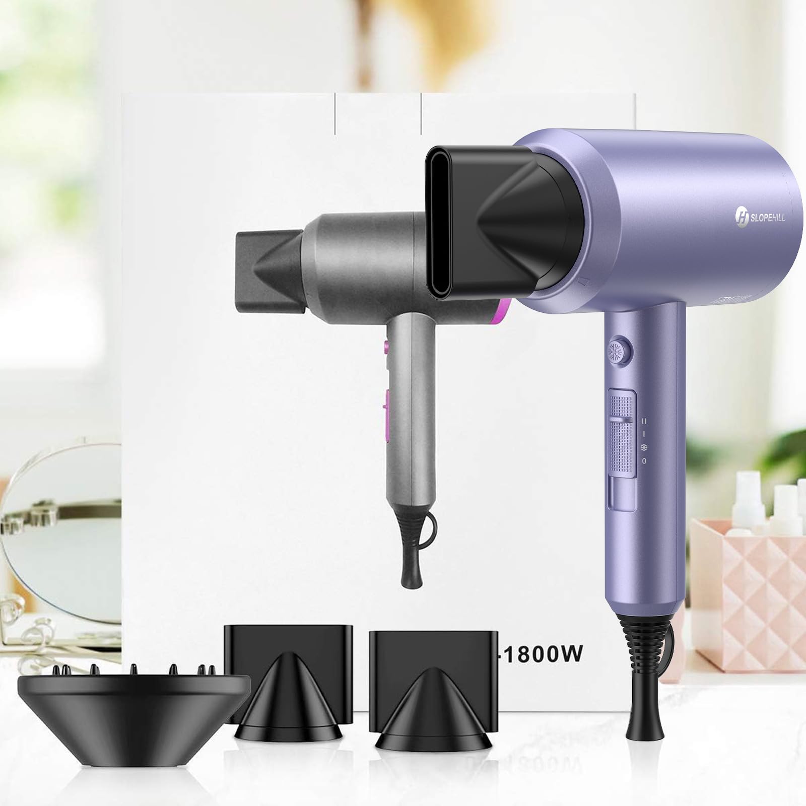 Slopehill lavender hair dryer on vanity for at-home salon sessions