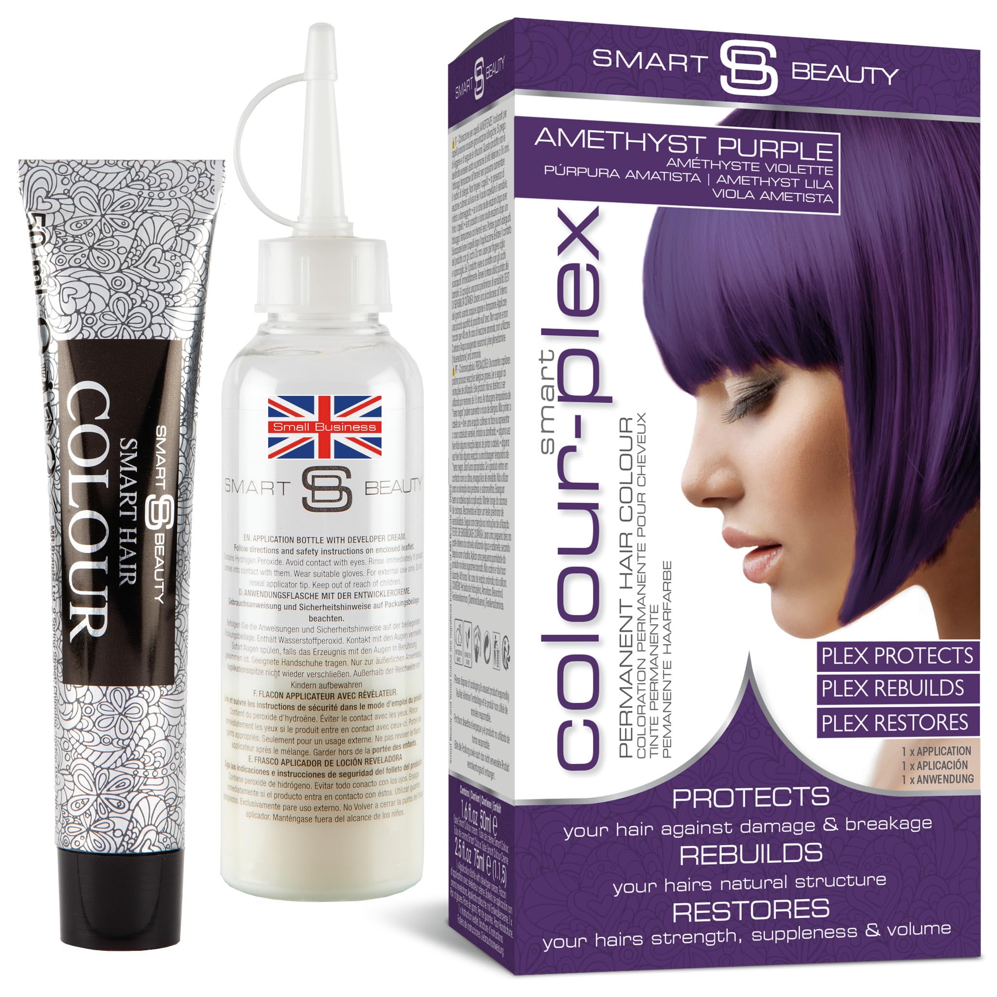 Smart Beauty amethyst purple dye bottle promises bold salon-worthy color
