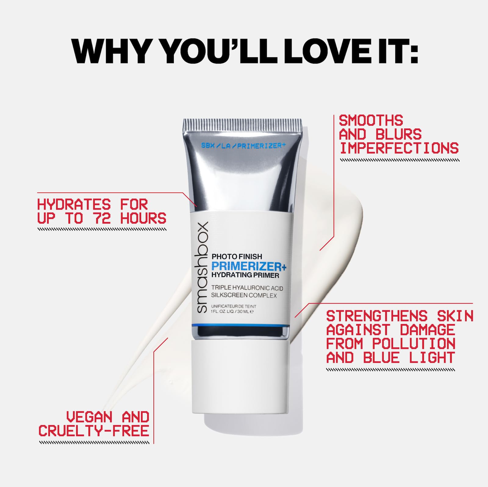 Smashbox Primerizer con niacinamida ayuda a tono uniforme y textura suave.