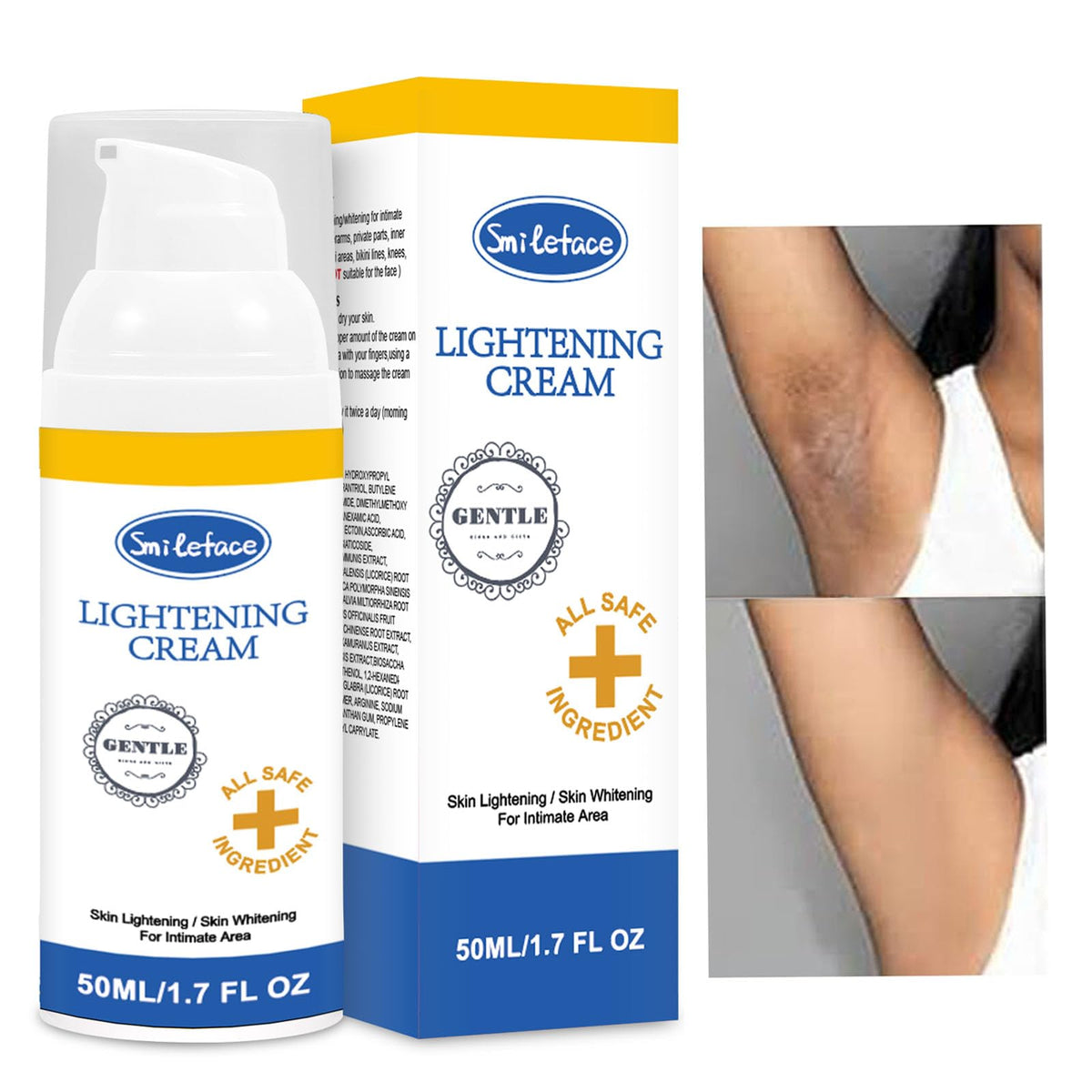SmileFace crema aclaradora para áreas íntimas, suave y adecuada para uso diario.