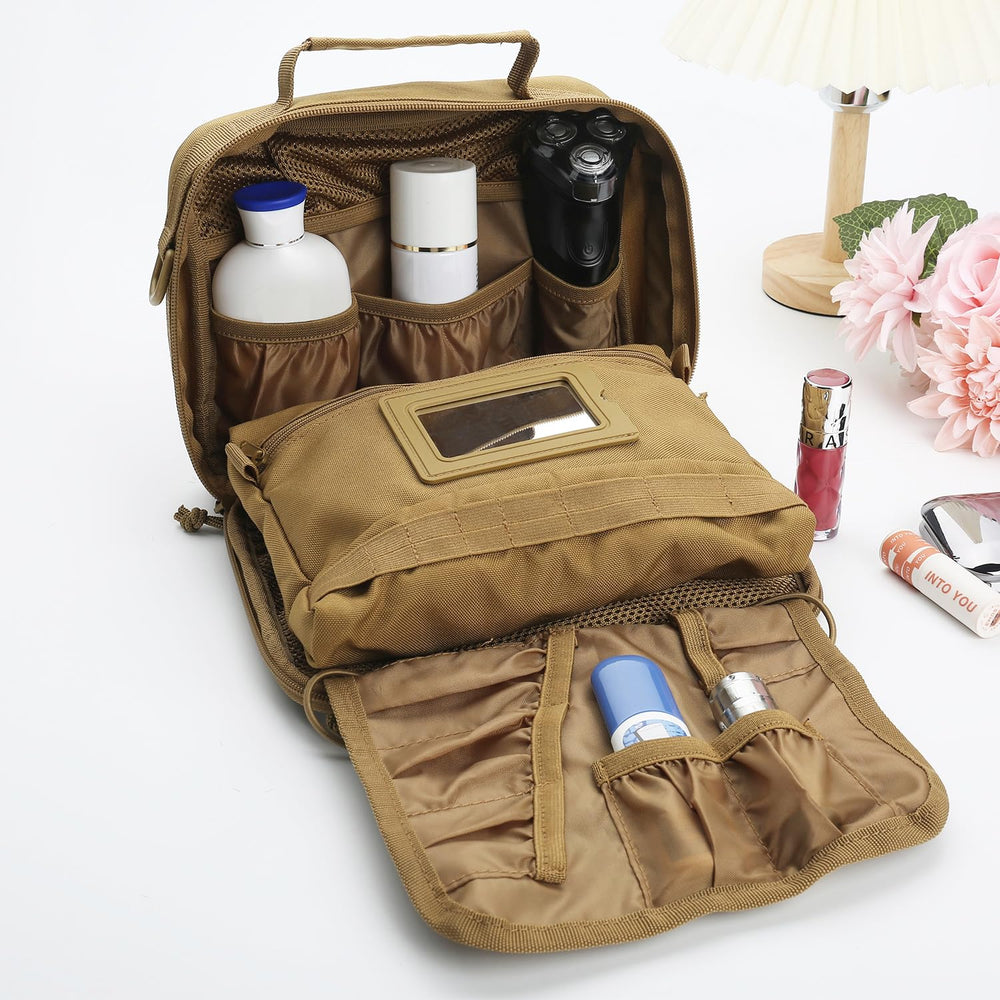 SMONT upright-design toiletry bag stands steadily on a surface