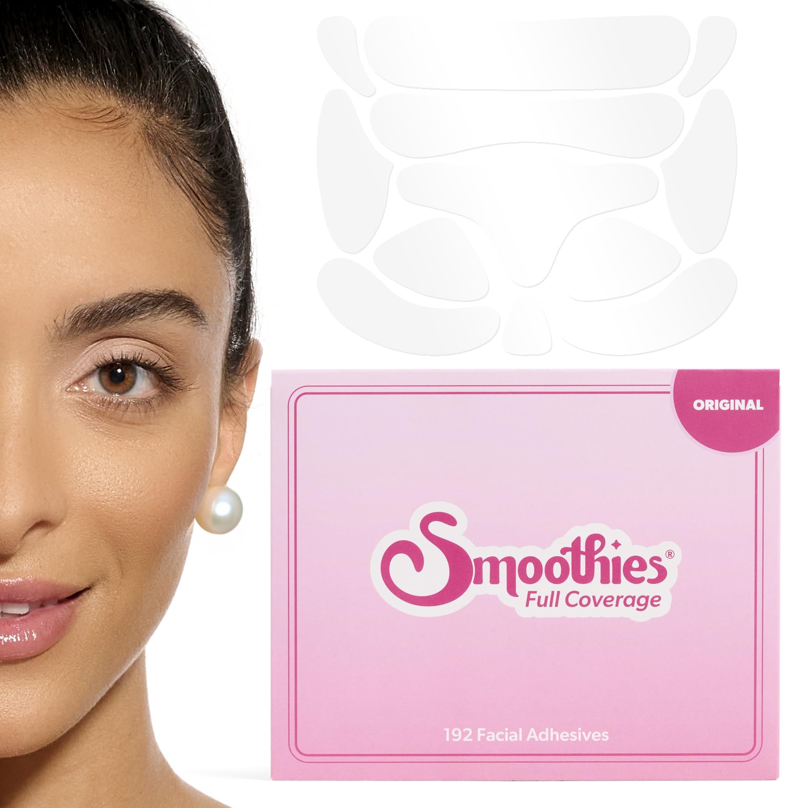 Parches Smoothies para arrugas, caja visible, uso nocturno para suavizar líneas faciales.