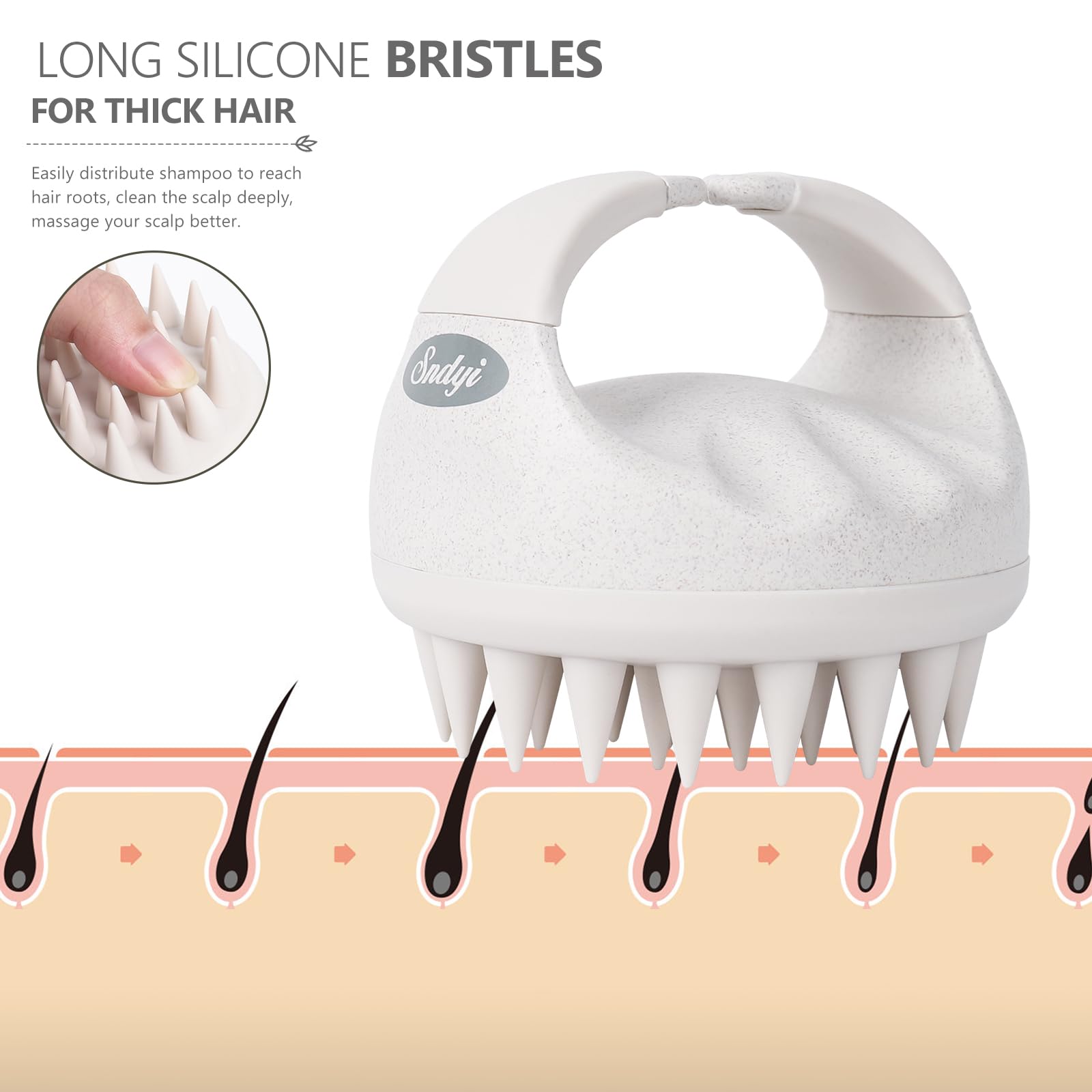 Sndyi long silicone bristles penetrate thick hair for deep cleansing
