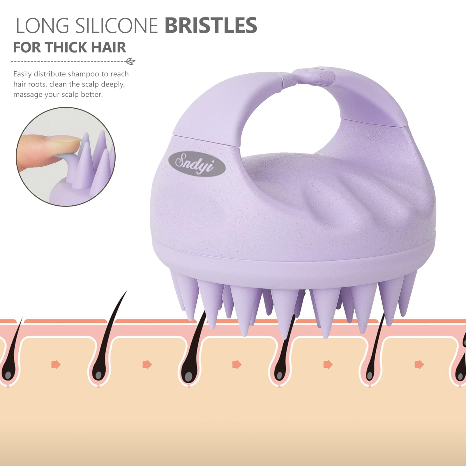 Sndyi scalp massager with ergonomic non-slip handle for secure shower use.