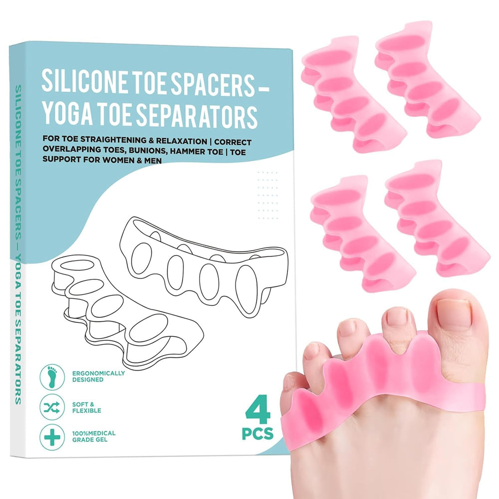 SNGBYTU four-piece silicone toe spacers on foot promote alignment and comfort.