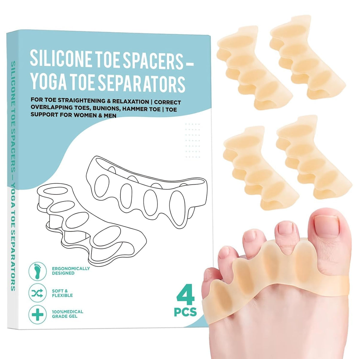 SNGBYTU silicone toe spacers 4pc pack promoting toe alignment during wear