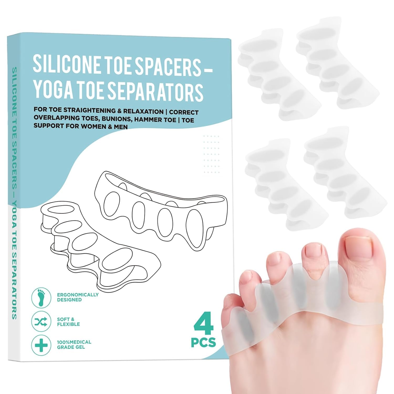 SNGBYTU toe spacers set, front view, compact design for all-day wear.