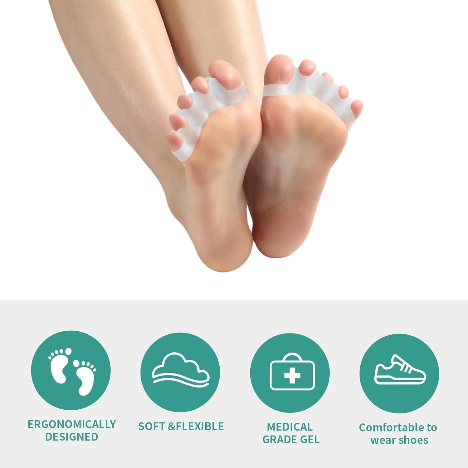 SNGBYTU toe spacers set, side view, stable fit for toe alignment.