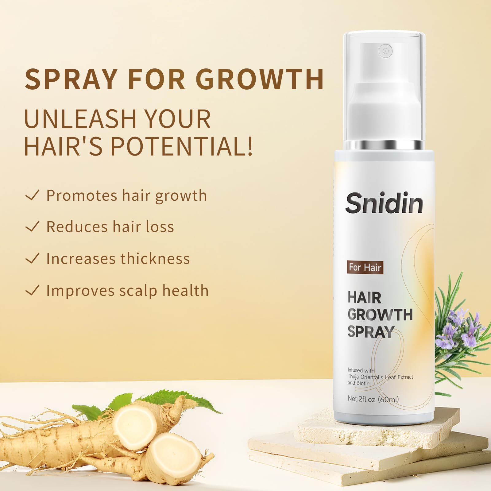 Snidin Hair Growth Spray highlighting rosemary oil for scalp nourishment