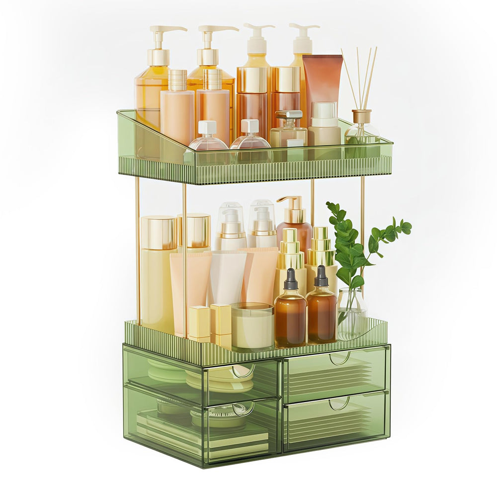 SNSLXH four-drawer makeup organizer on the countertop keeps cosmetics neatly organized