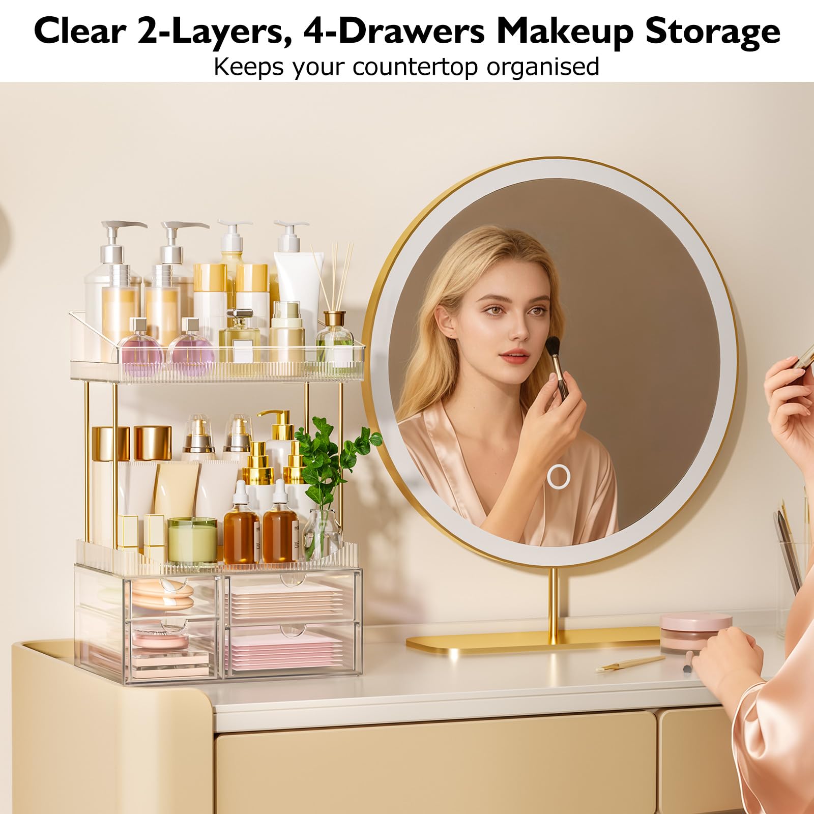 SNSLXH vanity setup on bathroom counter with organizer to maximize space