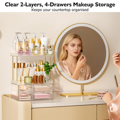 SNSLXH vanity setup on bathroom counter with organizer to maximize space