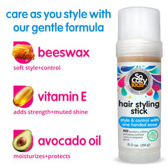 So Cozy barra de cera para el cabello ofrece textura instantánea y acabado suave.