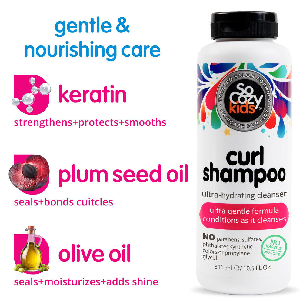 SoCozy Curl Shampoo on a kid's bath shelf ready for daily detangling.