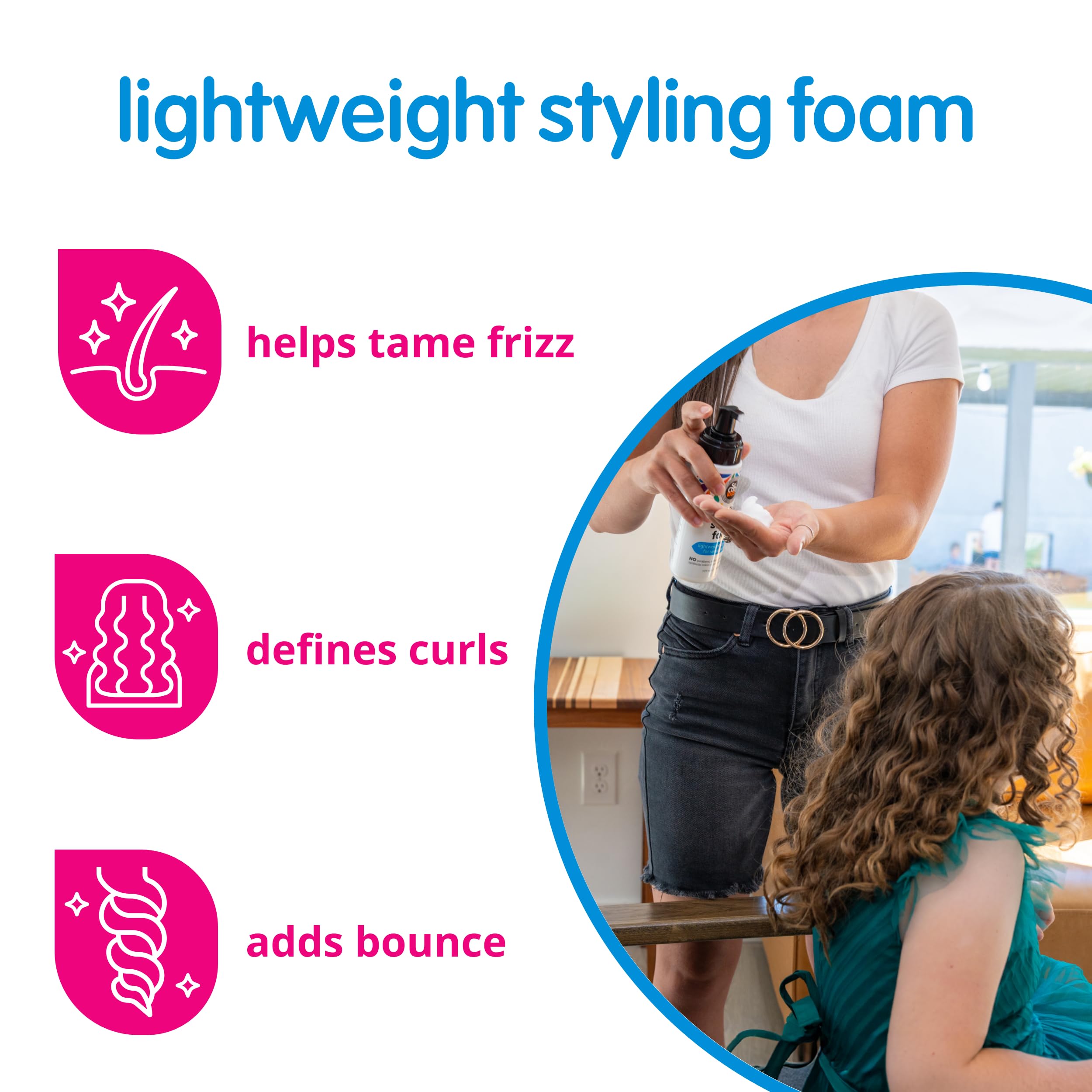 SoCozy Kids Sensitive Styling Foam application close-up for gentle, breathable styling.