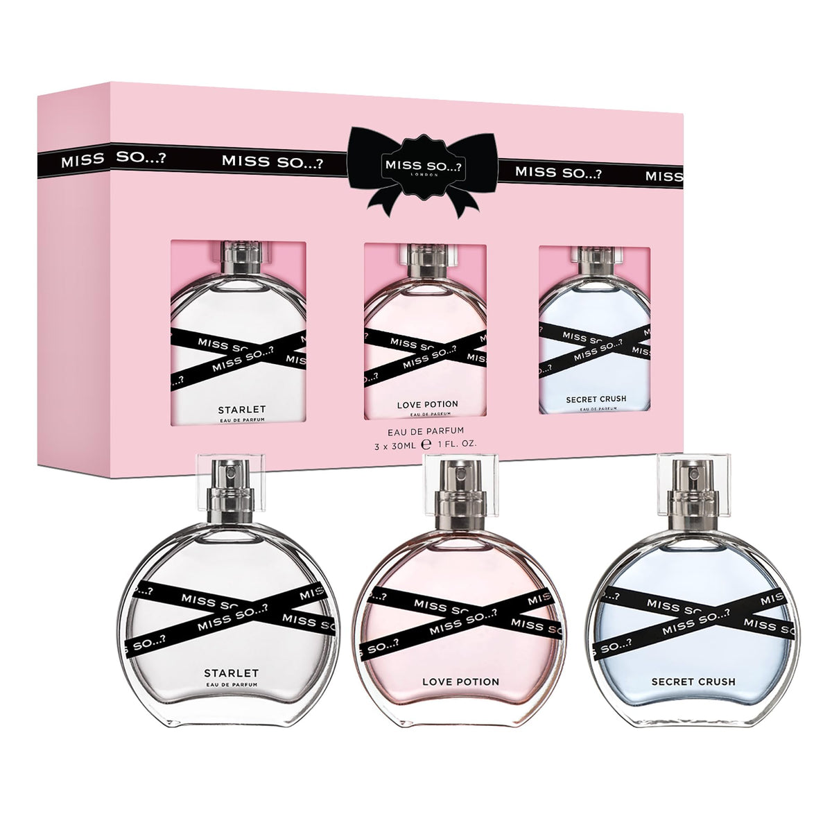 So…? Miss So Set Secret Crush bottle with floral musk for elegant evenings.
