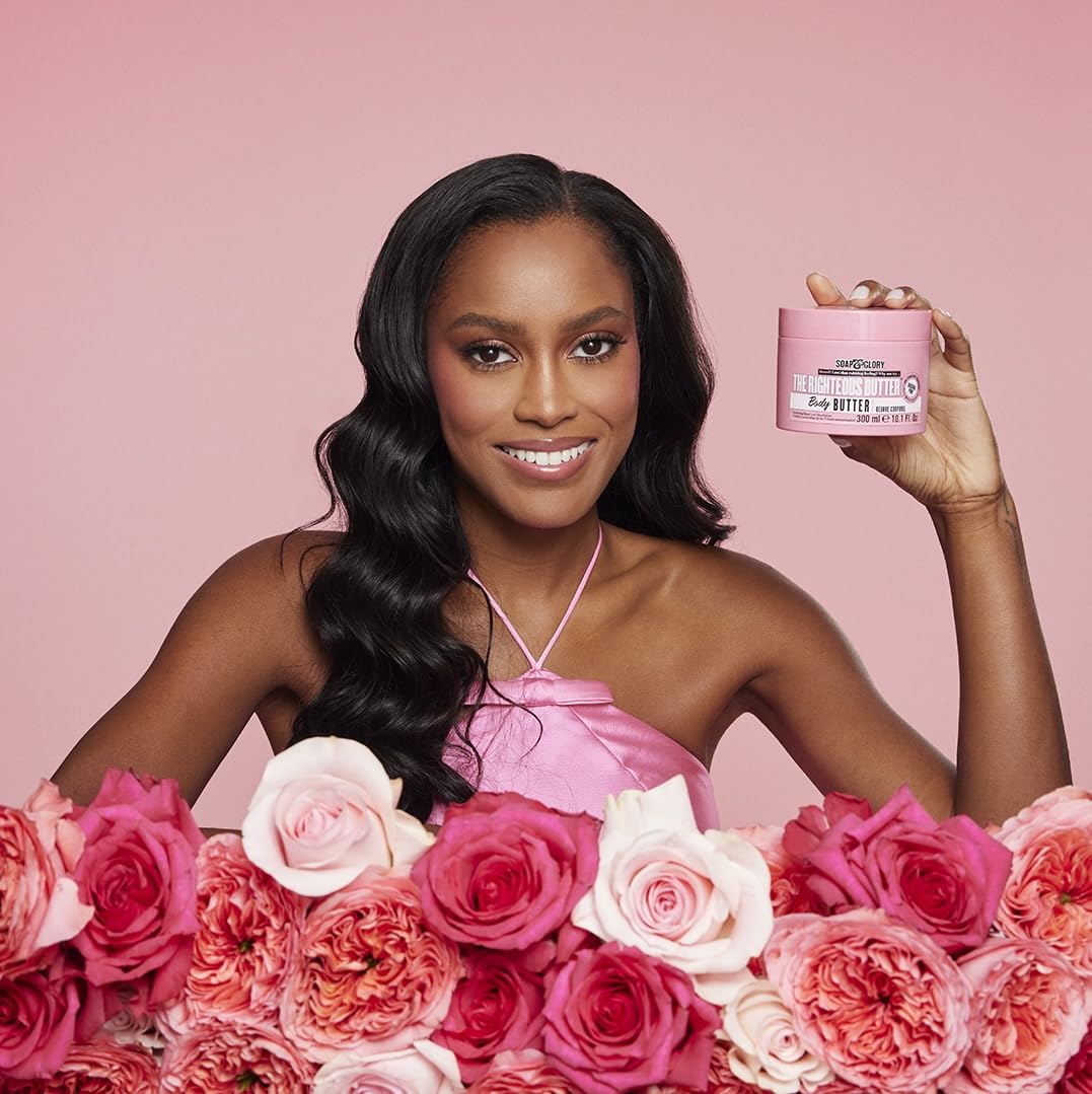 Soap & Glory The Righteous Butter on damp skin delivering soft, subtle glow