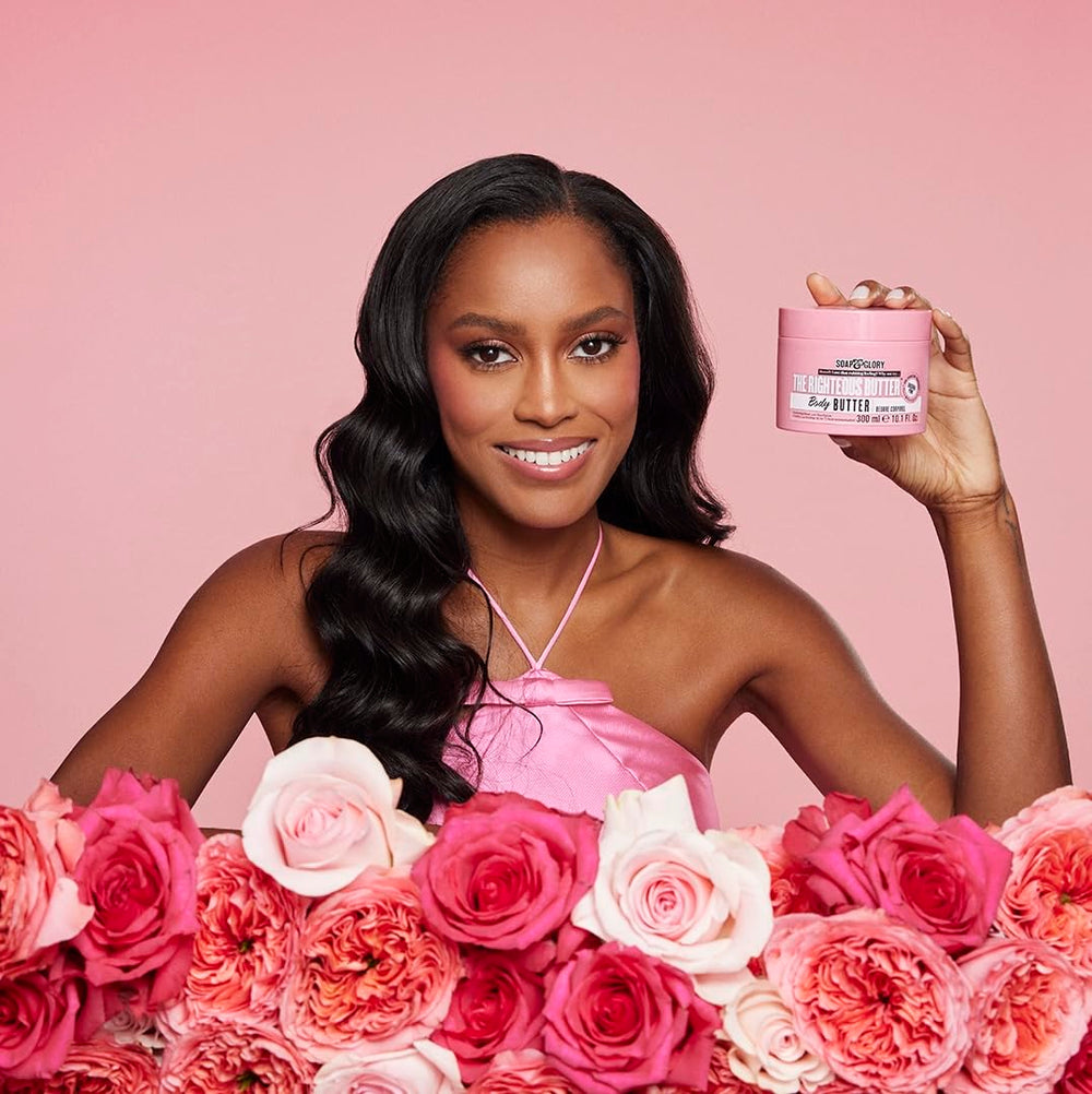 Soap & Glory The Righteous Butter on damp skin delivering soft, subtle glow