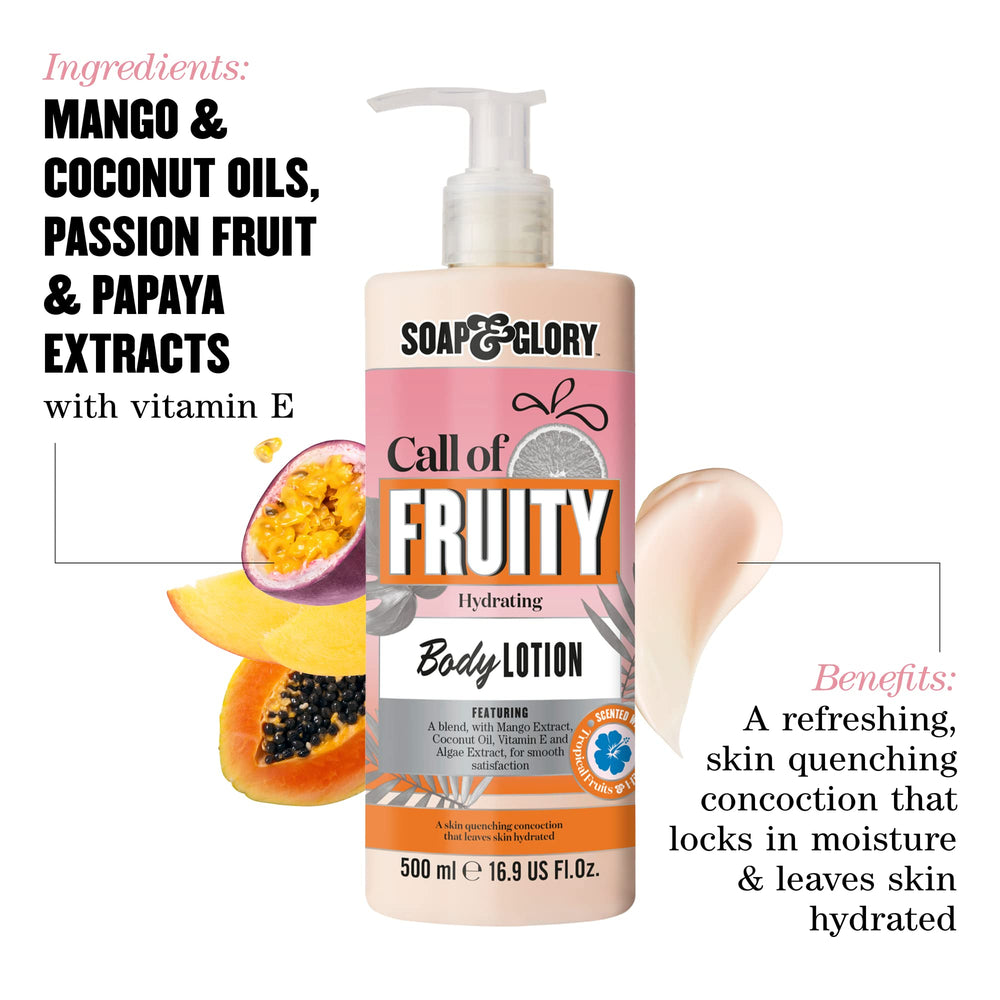 Soap & Glory Call of Fruity lotion swirl displays creamy texture for hydration.