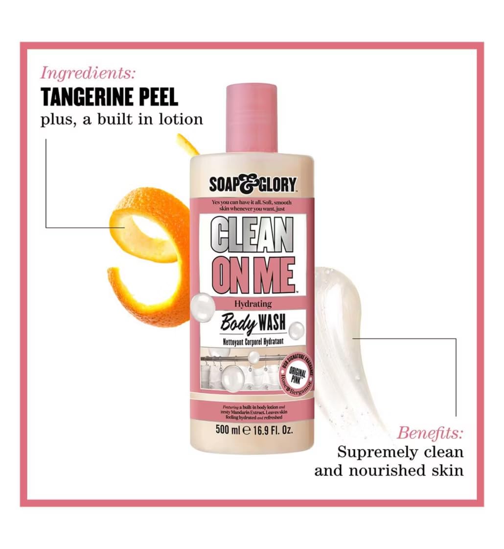 Soap & Glory Clean On Me, etiqueta visible, espuma cremosa para duchas relajantes.