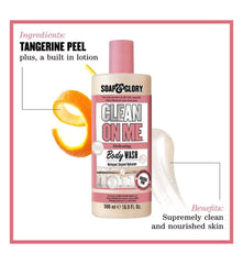 Soap & Glory Clean On Me, etiqueta visible, espuma cremosa para duchas relajantes.