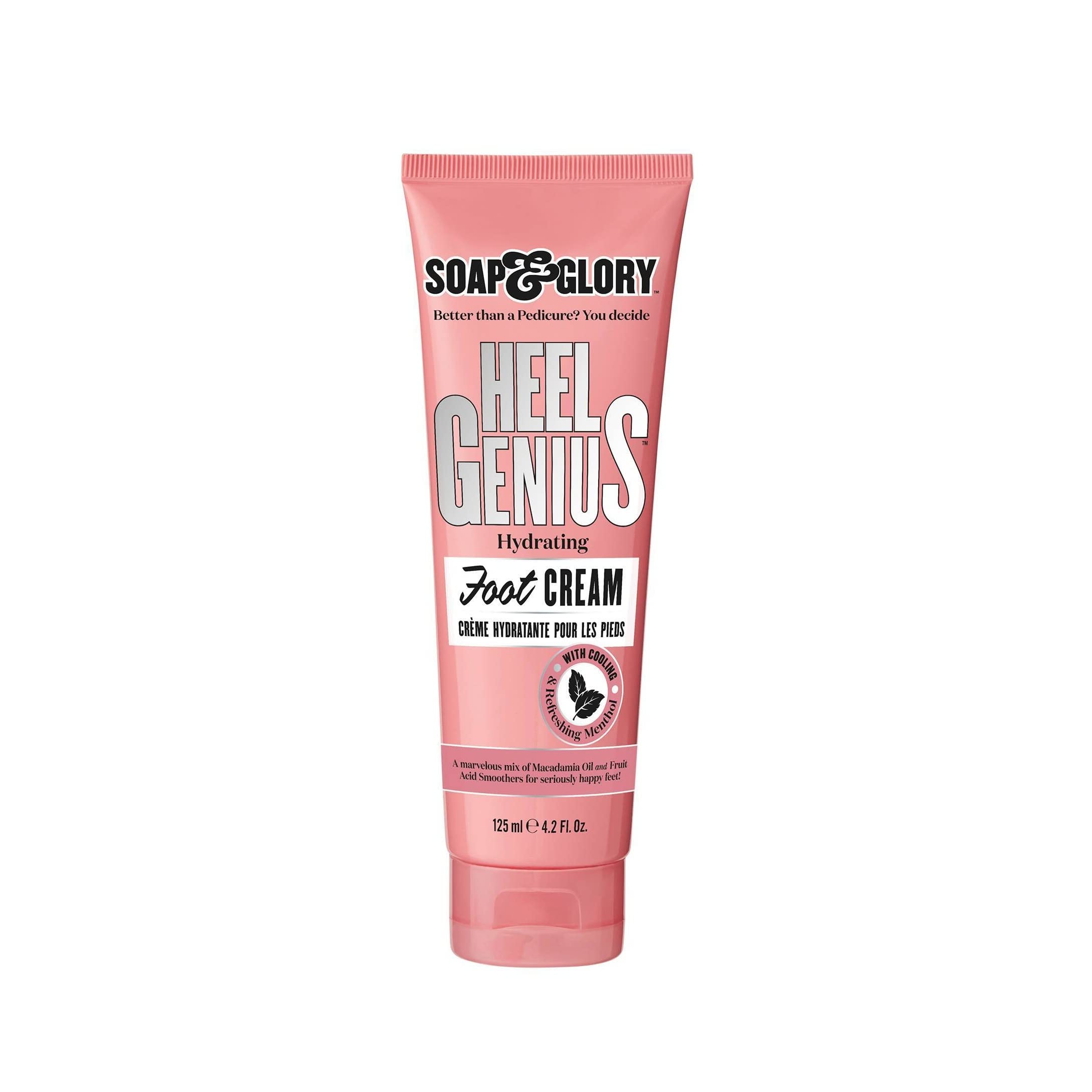 Soap & Glory Heel Genius cream jar close-up showing rich texture for dry feet