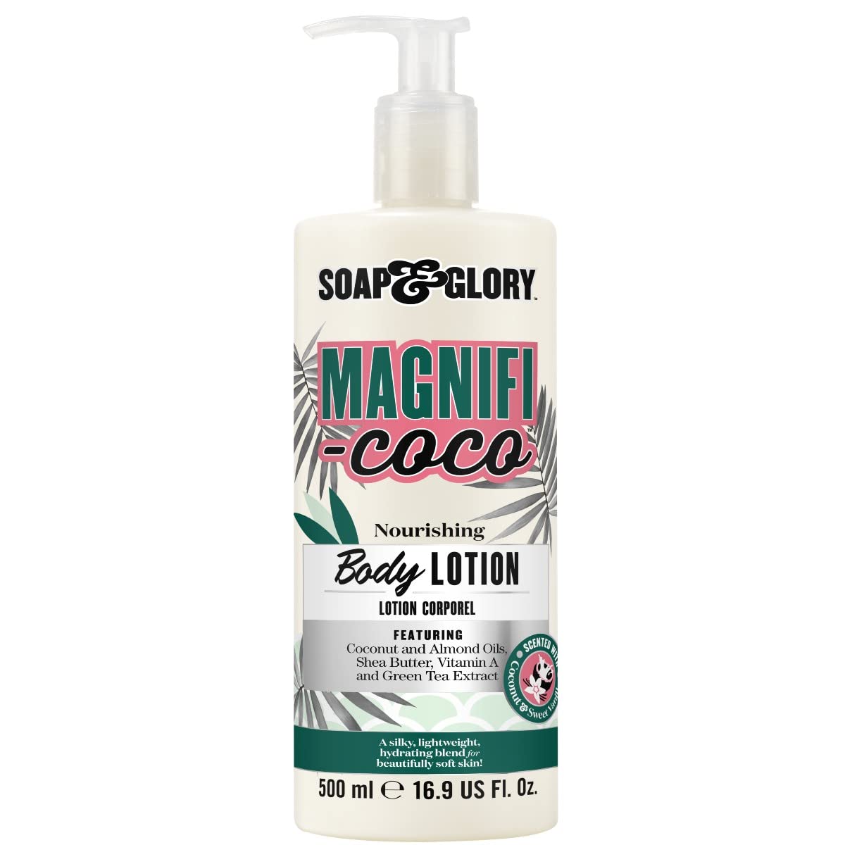 Soap & Glory Magnifi-Coco: botella con dosificador para hidratación duradera.