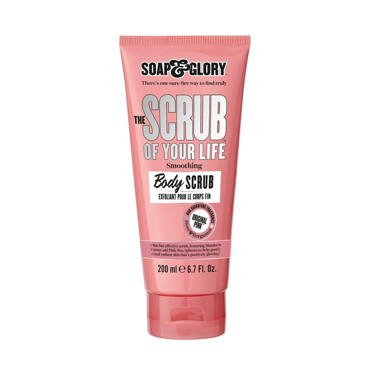 Soap & Glory Original Pink Scrub bottle close-up shows creamy exfoliation for smooth skin.