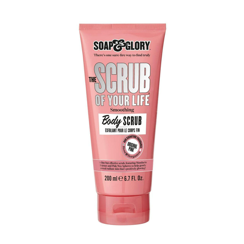 Soap & Glory Original Pink Scrub bottle close-up shows creamy exfoliation for smooth skin.