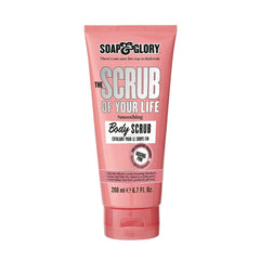 Soap & Glory Original Pink Scrub bottle close-up shows creamy exfoliation for smooth skin.