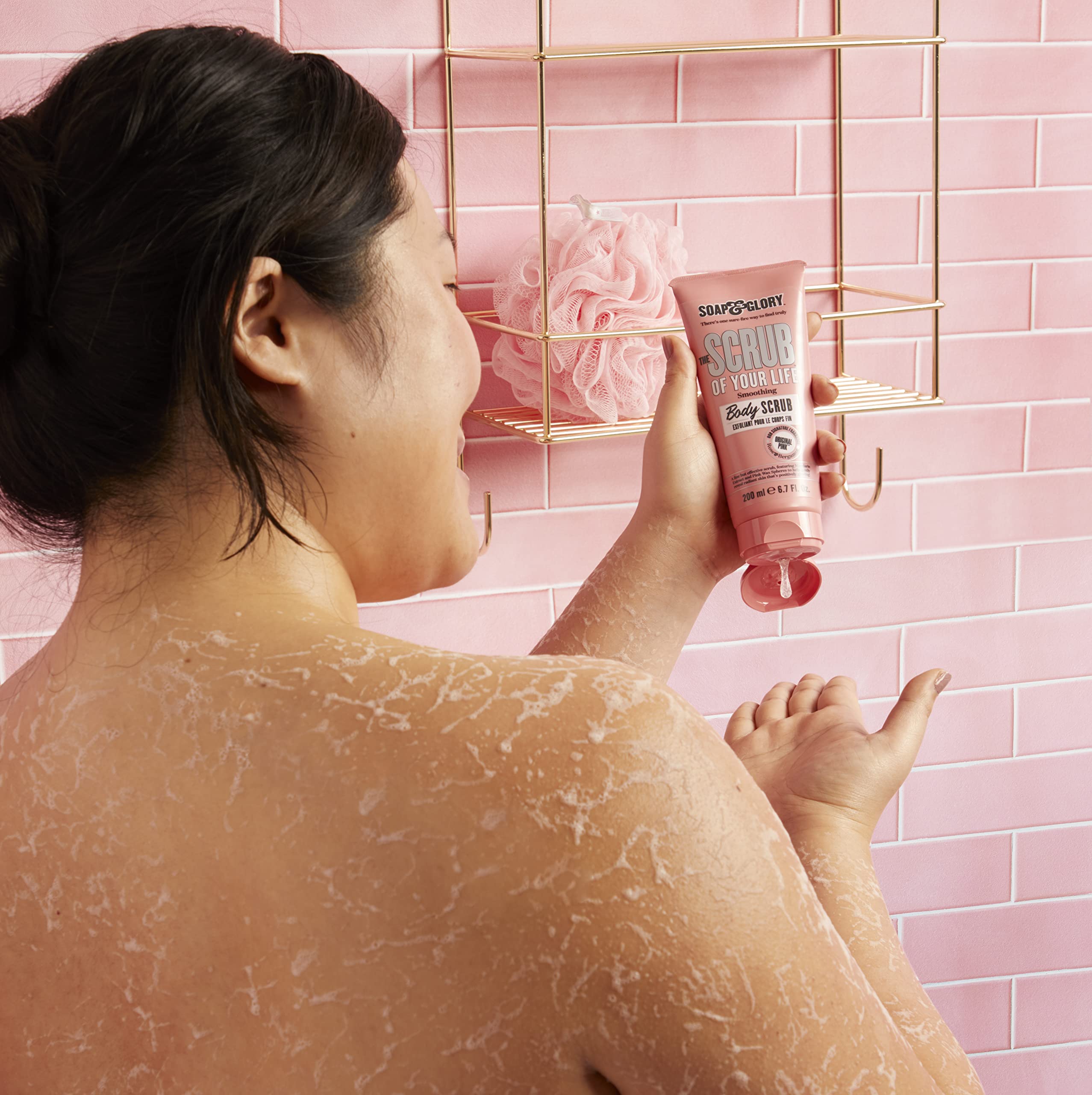 Packaging close-up of Soap & Glory Original Pink Scrub with vegan cruelty-free label.