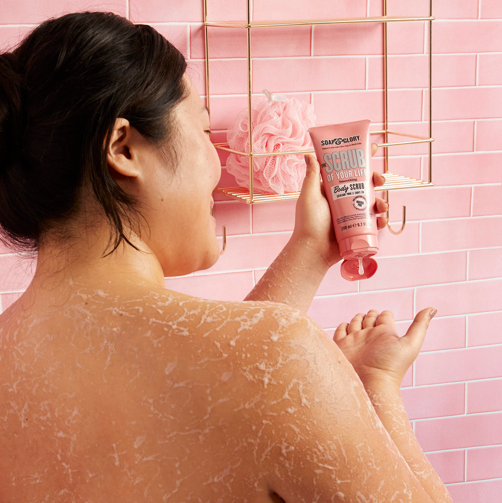 Packaging close-up of Soap & Glory Original Pink Scrub with vegan cruelty-free label.