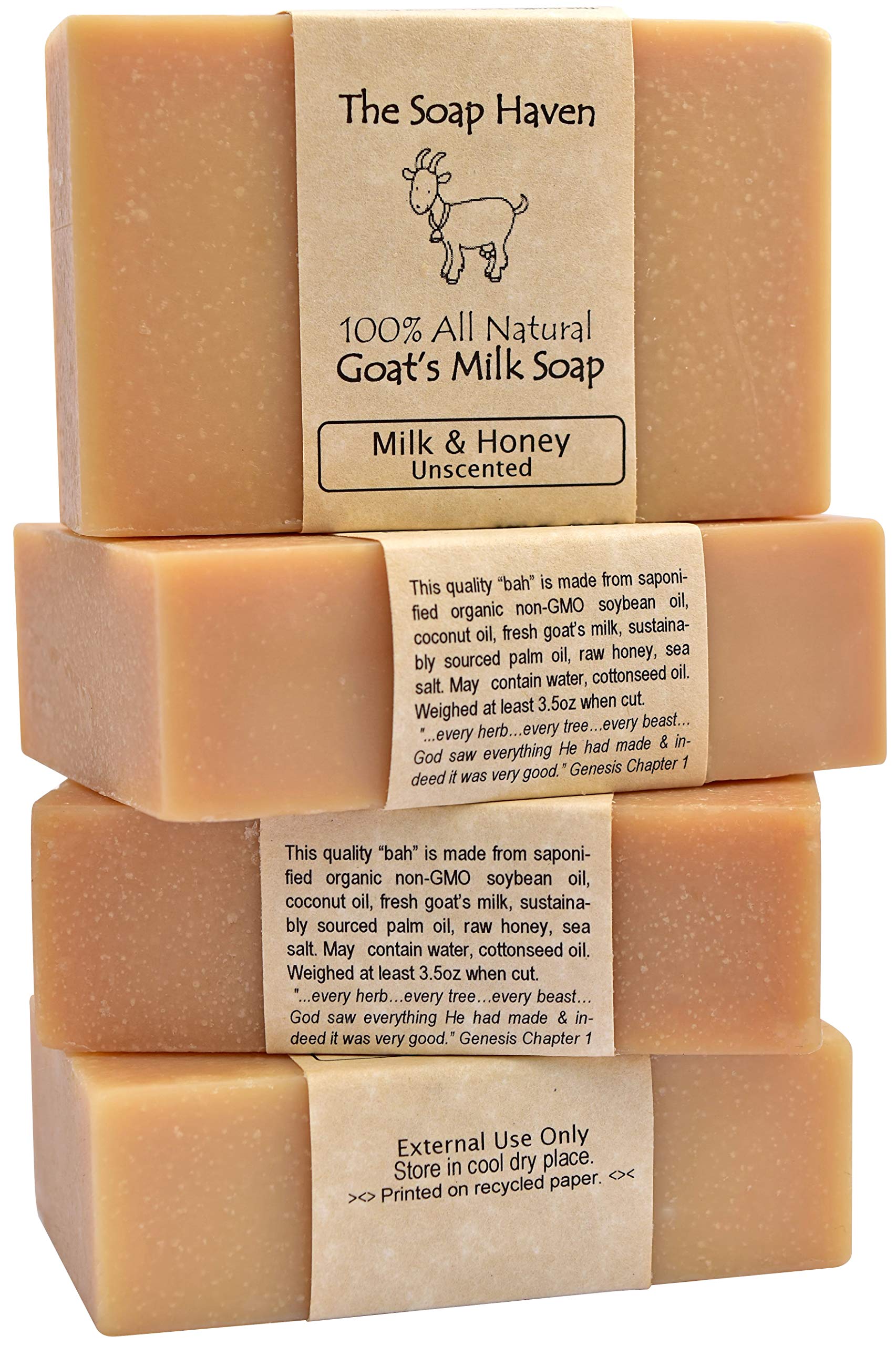 The Soap Haven goat milk honey bar closeup highlights creamy lather for sensitive skin.