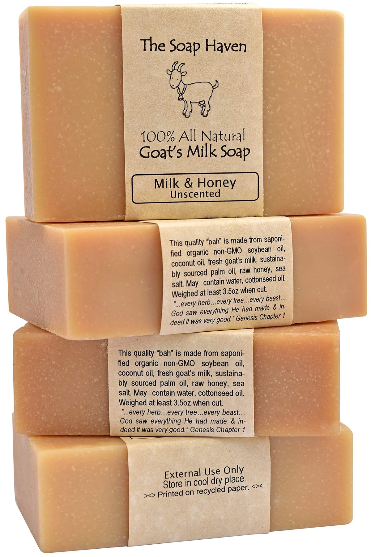 The Soap Haven goat milk honey bar closeup highlights creamy lather for sensitive skin.