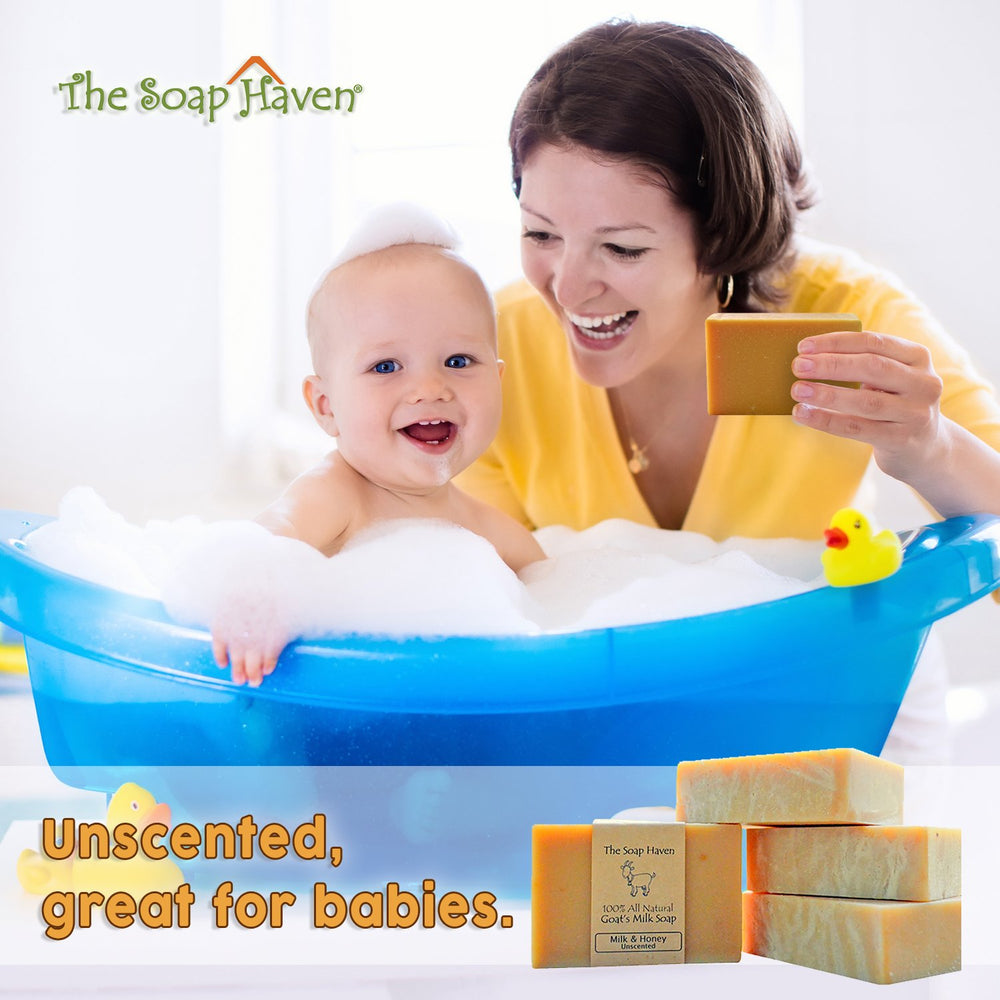 The Soap Haven goat milk honey bar lather ready image suggests gentle cleansing.