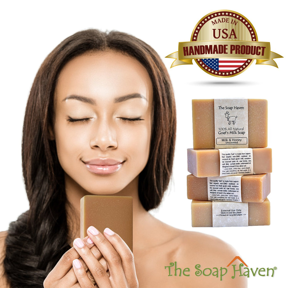 The Soap Haven small-batch USA-made bar on a shelf conveys freshness.