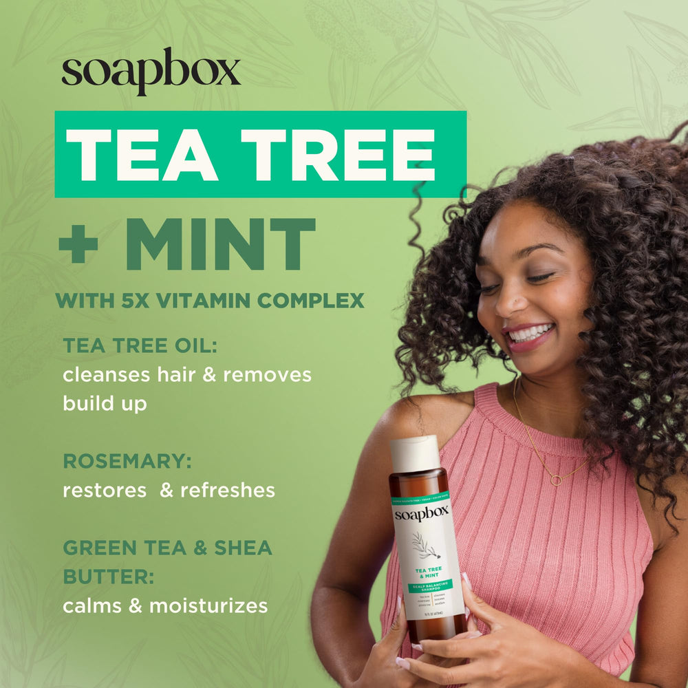 Aplicacion suave en manos distribuye Soapbox Acondicionador Arbol de Te y Menta.
