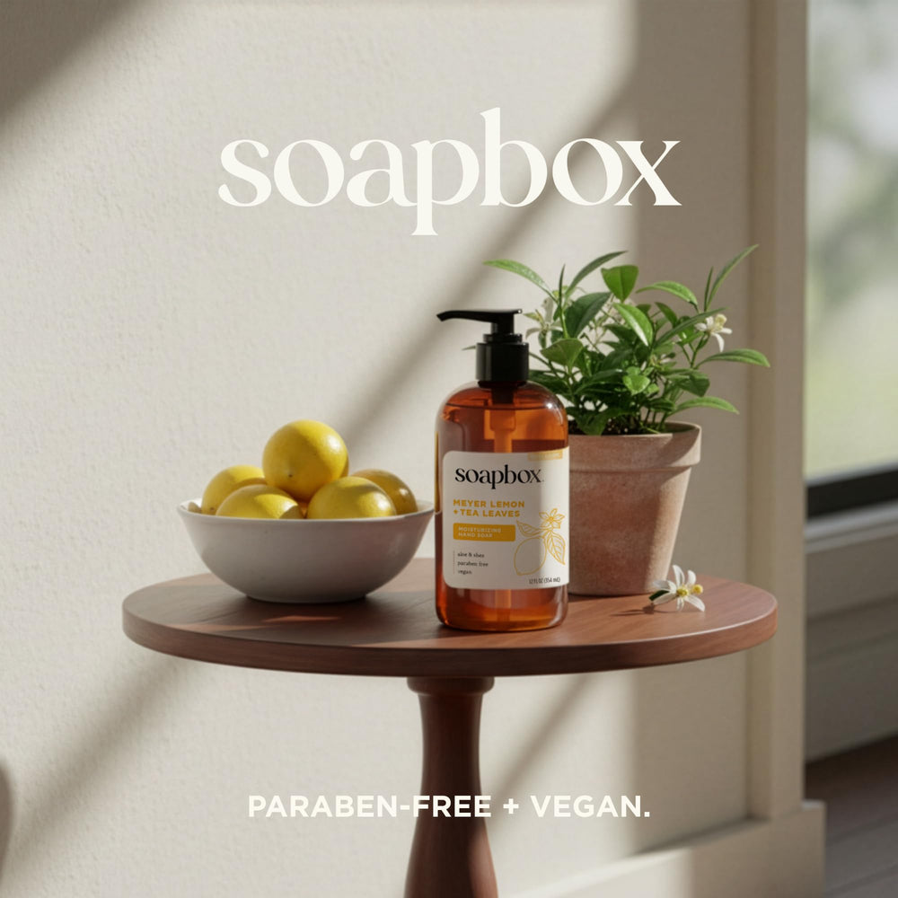 Soapbox aloe vera and shea butter infused lather nourishes skin.