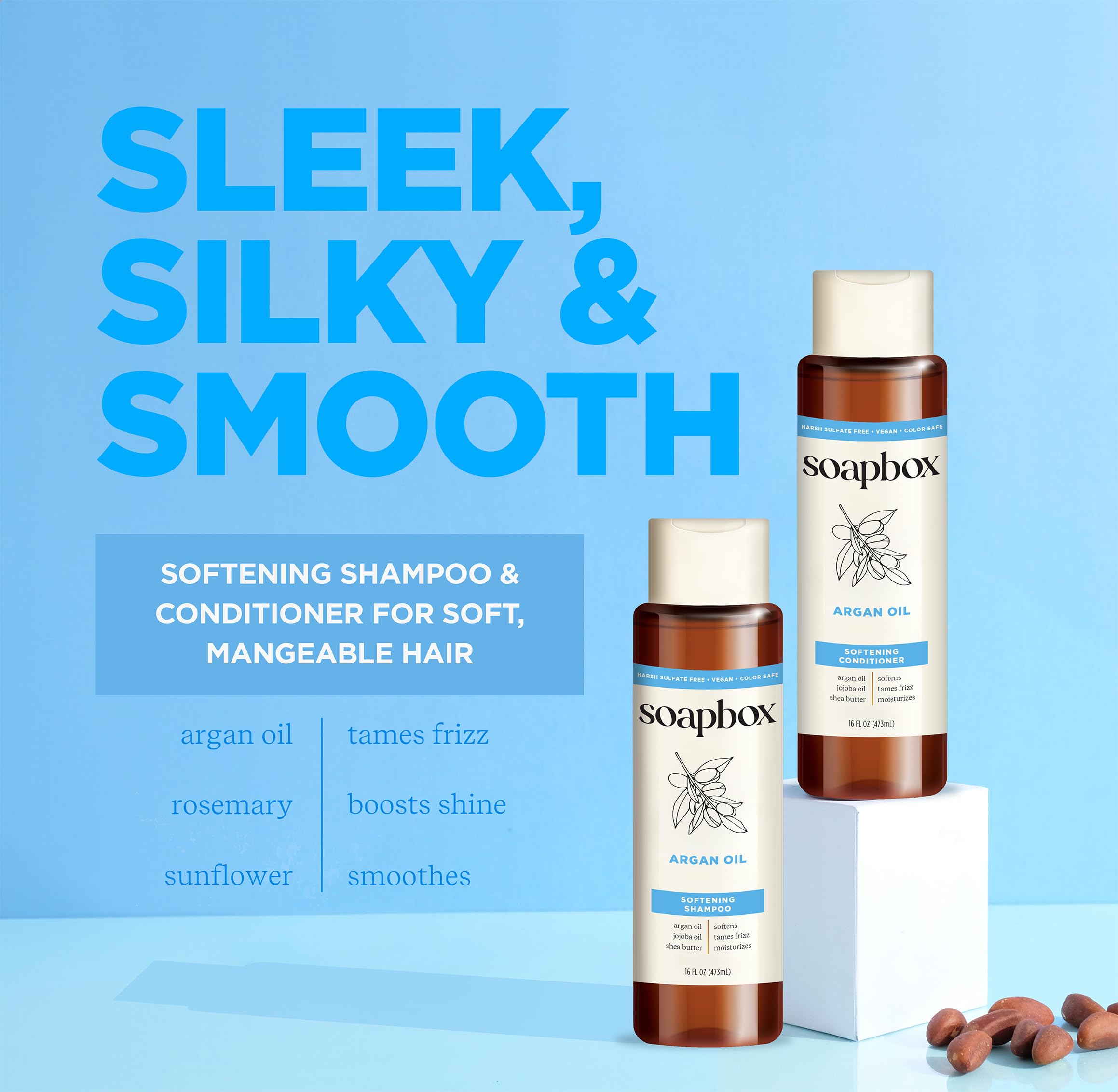 Soapbox Argan Acondicionador botella, desenreda y suaviza el cabello.