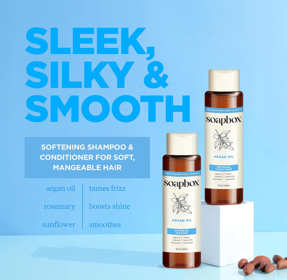 Soapbox Argan Acondicionador botella, desenreda y suaviza el cabello.