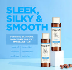 Soapbox Argan Acondicionador botella, desenreda y suaviza el cabello.