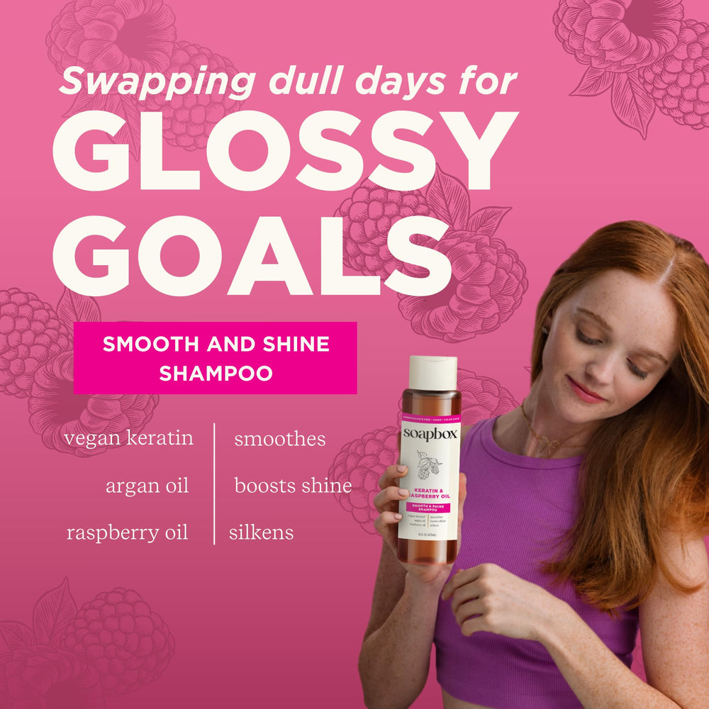 Soapbox Argan Oil glass bottle highlights nourishing ingredient for shiny hair.