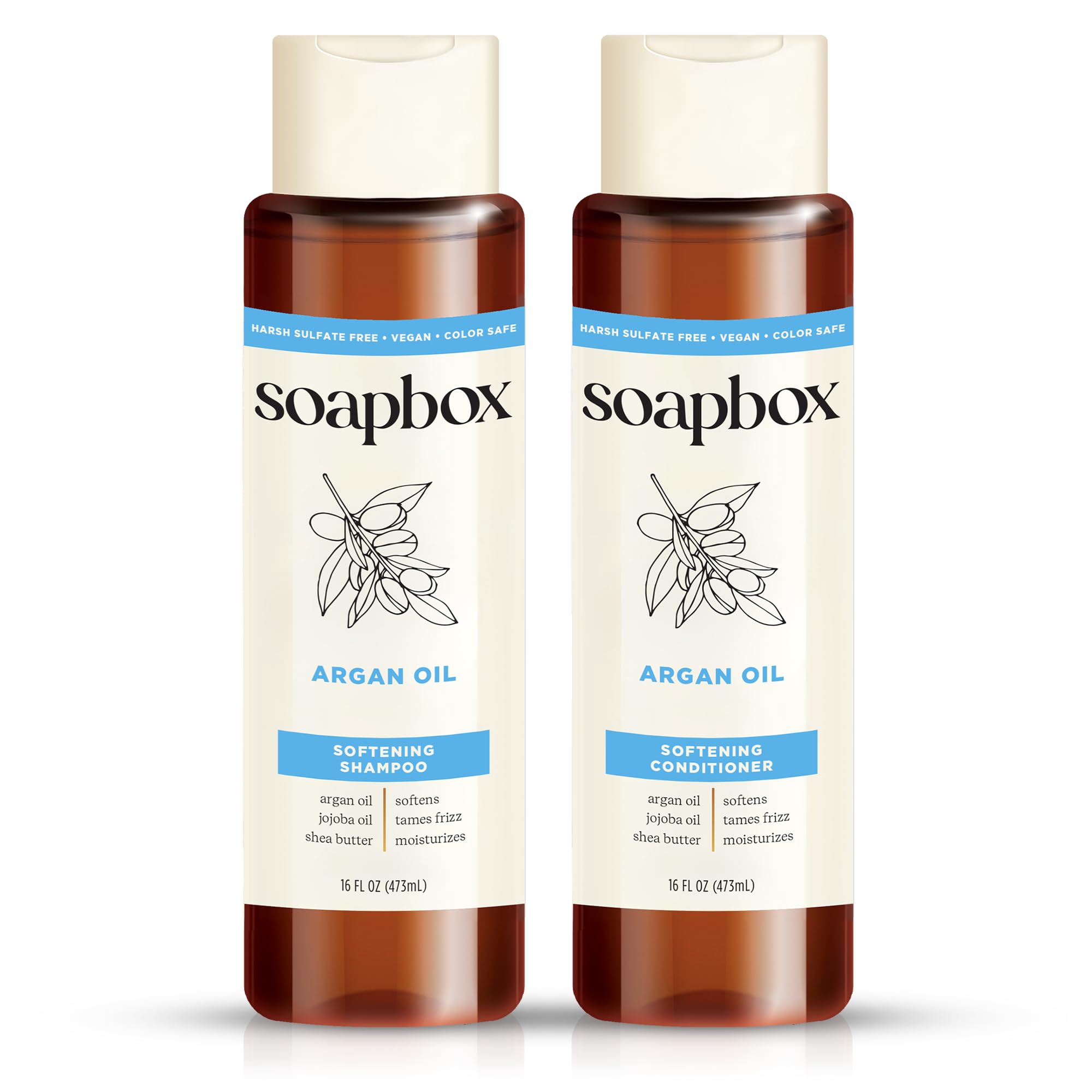 Soapbox Argan Shampoo botella, control suave del frizz y brillo natural.